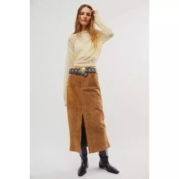 Blank NYC Pecan Suede Leather Midi Skirt NWT Size 27